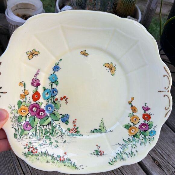 Crown Staffordshire Floral Cake Plate Serving Tray Bone China Gold Border 10" - Picture 7 of 16